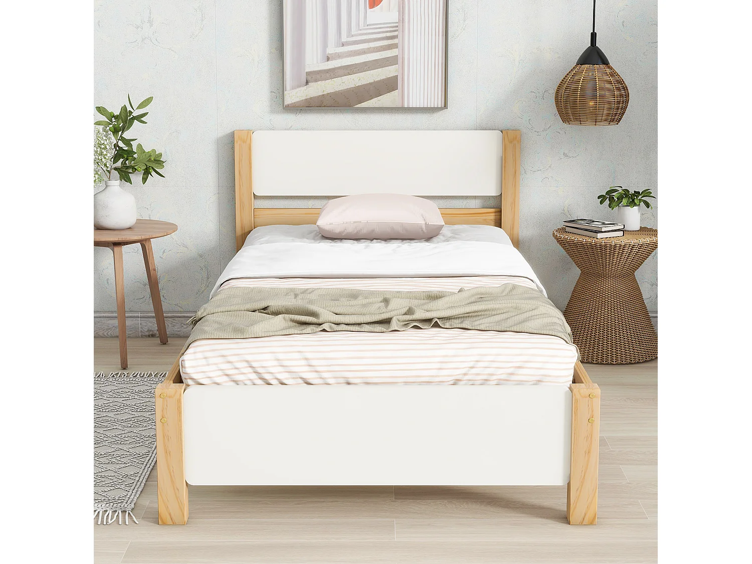 Eenpersoonsbed van hout, frame van grenenhout met centrale poot, hoofdeinde en voeteneinde van MDF, wit en naturel, 90x200 cm (207x97x82,5 cm)