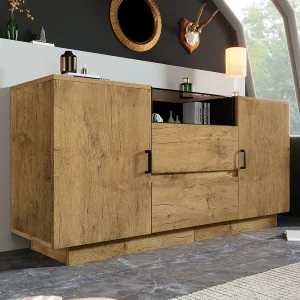 Dressoir in eikenlook – 140 x 40 x 70 cm – met 2 lades + 2 deuren + plank – hout + metaal – naturel Dressoir in eikenlook – 140 x 40 x 70 cm – met 2 lades + 2 deuren + plank – hout + metaal – naturel
