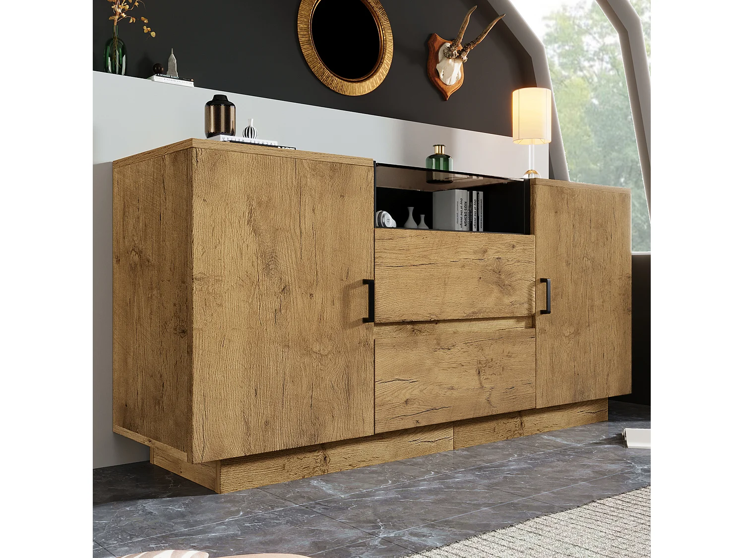 Dressoir in eikenlook - 140 x 40 x 70 cm - met 2 lades + 2 deuren + plank - hout + metaal - naturel