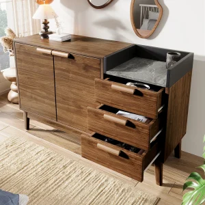Dressoir met eikenhouten decor – 120 x 40 x 77 cm – met 3 laden + 2 deuren – hout + metaal – naturel Dressoir met eikenhouten decor – 120 x 40 x 77 cm – met 3 laden + 2 deuren – hout + metaal – naturel