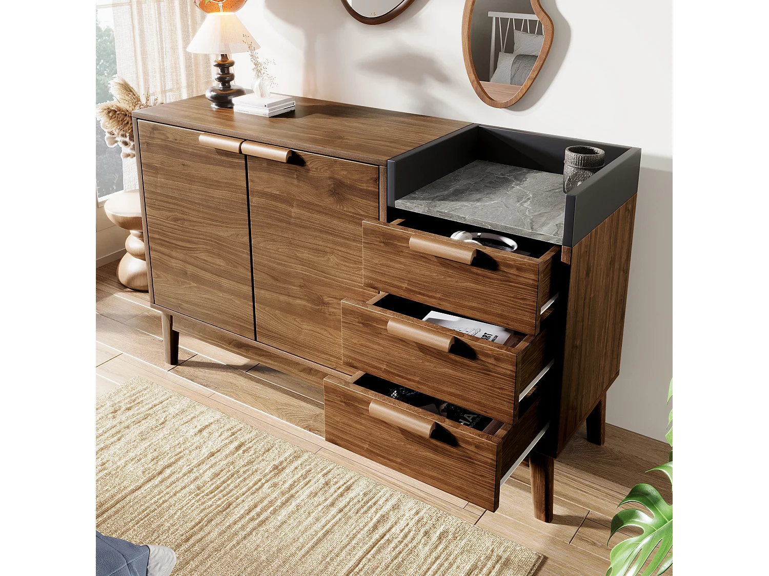 Dressoir met eikenhouten decor - 120 x 40 x 77 cm - met 3 laden + 2 deuren - hout + metaal - naturel