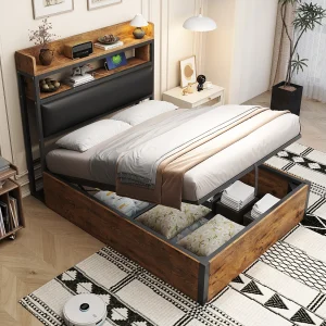 Eenpersoons houten en zwarte opbergbed 90x200cm met PU hoofdbord en USB-aansluiting, MDF (zonder matras) Eenpersoons houten en zwarte opbergbed 90x200cm met PU hoofdbord en USB-aansluiting, MDF (zonder matras)