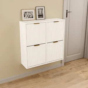 Schoenenkast met 4 uitklapbare vakken – Wit en goud – FRALYN Schoenenkast met 4 uitklapbare vakken – Wit en goud – FRALYN
