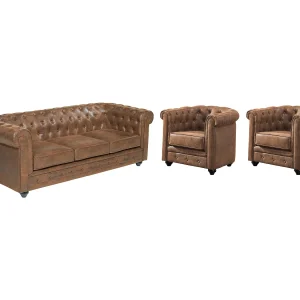 Driezitsbank en 2 fauteuils CHESTERFIELD met vintage look Driezitsbank en 2 fauteuils CHESTERFIELD met vintage look