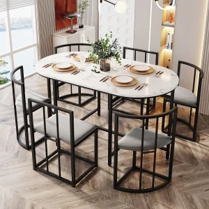 Eetkamerset 6 stoelen – Eetkamerset met grijze kussens en zwart ijzeren frame – witte tafel – voor eetkamer Eetkamerset 6 stoelen – Eetkamerset met grijze kussens en zwart ijzeren frame – witte tafel – voor eetkamer