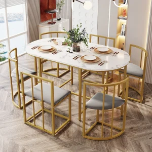 Eetkamerset 6 stoelen – Eetkamerset met grijze kussens en gouden frame – witte tafel – voor eetkamer Eetkamerset 6 stoelen – Eetkamerset met grijze kussens en gouden frame – witte tafel – voor eetkamer