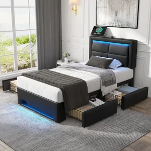 Eenpersoonsbed 90 x 200 cm – Kinderbed met vier lades en ledverlichting – USB-aansluiting – zwart PU – matras niet inbegrepen Eenpersoonsbed 90 x 200 cm – Kinderbed met vier lades en ledverlichting – USB-aansluiting – zwart PU – matras niet inbegrepen