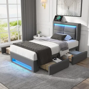 Eenpersoonsbed 90 x 200 cm – Kinderbed met vier lades en ledverlichting – USB-aansluiting – grijs PU – matras niet inbegrepen Eenpersoonsbed 90 x 200 cm – Kinderbed met vier lades en ledverlichting – USB-aansluiting – grijs PU – matras niet inbegrepen