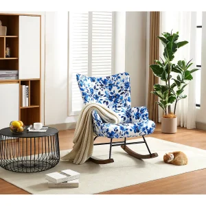 Elegante schommelstoel in fluweel met metalen frame en houten onderstel voor een verfijnde slaapkamer Elegante schommelstoel in fluweel met metalen frame en houten onderstel voor een verfijnde slaapkamer