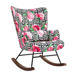 Fauteuil à bascule en velours avec cadre métallique et détails en bois