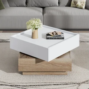 Draaibare salontafel met 2 lades, wit + walnoot, 60x60x38 cm Draaibare salontafel met 2 lades, wit + walnoot, 60x60x38 cm