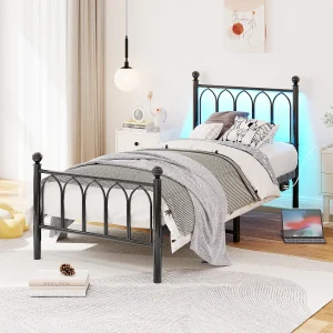 Eenpersoonsbed 90×200 cm, zwart, eenpersoonsbed met oplaadpoort en led-verlichting, metalen frame – zonder matras Eenpersoonsbed 90×200 cm, zwart, eenpersoonsbed met oplaadpoort en led-verlichting, metalen frame – zonder matras