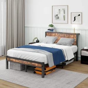 Eenpersoonsbed 120×200 cm, bruin, volwassen bed met metalen lattenbodem – zonder matras