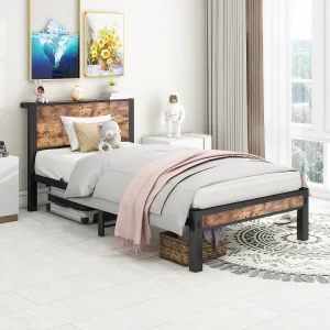Eenpersoonsbed 90×200 cm, bruin, tienerbed met metalen lattenbodem – zonder matras Eenpersoonsbed 90×200 cm, bruin, tienerbed met metalen lattenbodem – zonder matras