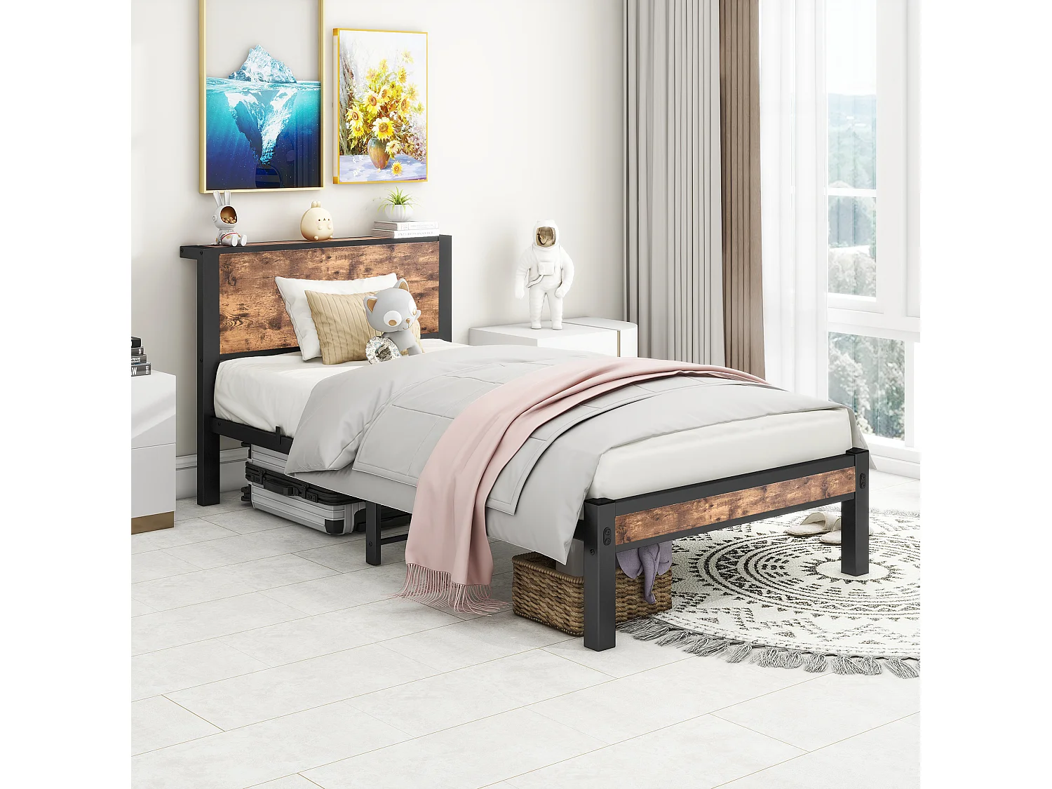 Eenpersoonsbed 90x200 cm, bruin, tienerbed met metalen lattenbodem - zonder matras