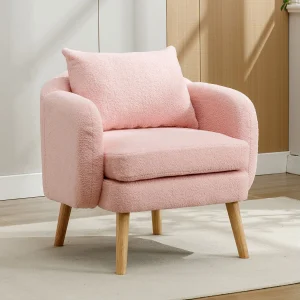 Enkele roze fauteuil met kussens, teddy fluweel, houten poten 71x72x71cm