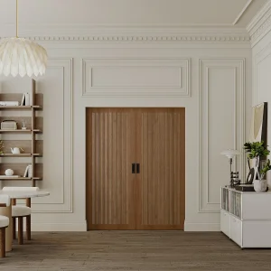 Dubbele schuifdeur met schuifsysteem van mdf en donker naturelkleurig hout – 2 x H205 x L93 cm – SANDORA Dubbele schuifdeur met schuifsysteem van mdf en donker naturelkleurig hout – 2 x H205 x L93 cm – SANDORA