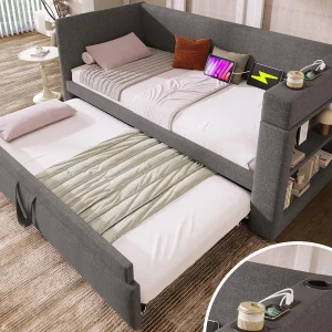 Gestoffeerde slaapbank 90×190 cm – met uittrekbaar bed 90×190 cm – met USB- en Type-C-poorten – met bekerhouder – Grijs (zonder matras) Gestoffeerde slaapbank 90×190 cm – met uittrekbaar bed 90×190 cm – met USB- en Type-C-poorten – met bekerhouder – Grijs (zonder matras)