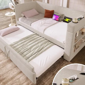 Gestoffeerde slaapbank 90×190 cm – met uittrekbaar bed 90×190 cm – met USB- en Type-C-poorten – met bekerhouder – Beige (zonder matras) Gestoffeerde slaapbank 90×190 cm – met uittrekbaar bed 90×190 cm – met USB- en Type-C-poorten – met bekerhouder – Beige (zonder matras)