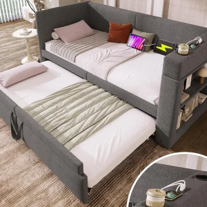 Gestoffeerde slaapbank 90×200 cm – met uittrekbaar bed 90×200 cm – met USB- en Type-C-poorten – met bekerhouder – Grijs (zonder matras) Gestoffeerde slaapbank 90×200 cm – met uittrekbaar bed 90×200 cm – met USB- en Type-C-poorten – met bekerhouder – Grijs (zonder matras)