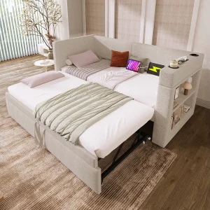 Gestoffeerde slaapbank 90×200 cm – met uittrekbaar bed 90×200 cm – met USB- en Type-C-poorten – met bekerhouder – Beige (zonder matras) Gestoffeerde slaapbank 90×200 cm – met uittrekbaar bed 90×200 cm – met USB- en Type-C-poorten – met bekerhouder – Beige (zonder matras)