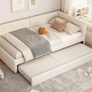 Fluweel gestoffeerde slaapbank 90x200cm + een onderschuifbed 90x190cm – Beige Fluweel gestoffeerde slaapbank 90x200cm + een onderschuifbed 90x190cm – Beige