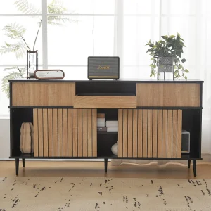 Dressoir met 4 schuifdeuren en 1 lade, naturel + zwart 160x40x80cm Dressoir met 4 schuifdeuren en 1 lade, naturel + zwart 160x40x80cm