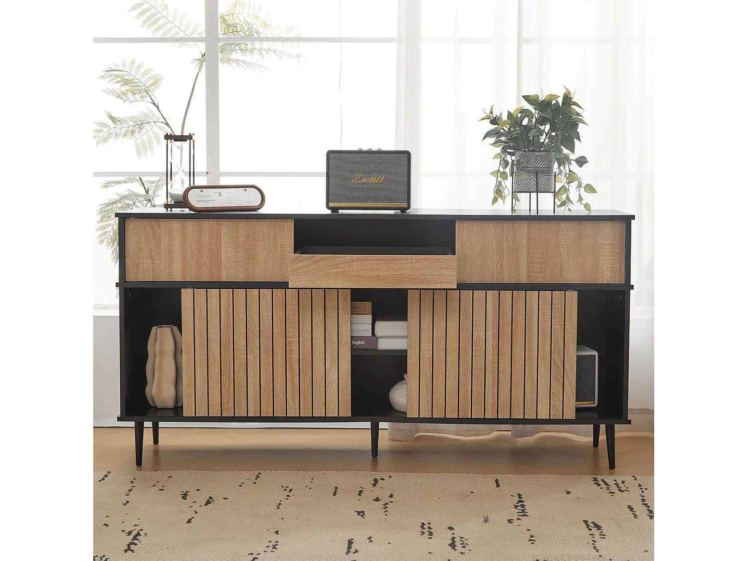 Dressoir met 4 schuifdeuren en 1 lade, naturel + zwart 160x40x80cm