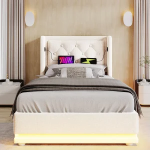 Eenpersoons opbergbed 90×200 cm – LED aan 3 zijden en USB-C – Beige katoen (zonder matras) Eenpersoons opbergbed 90×200 cm – LED aan 3 zijden en USB-C – Beige katoen (zonder matras)