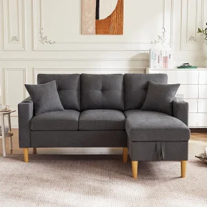 Driezitsbank in L-vorm met chaise longue, opbergvak, geïntegreerde bekerhouders en twee kussens inbegrepen, donkergrijs.