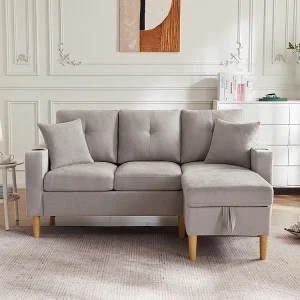 Driezitsbank in L-vorm met chaise longue, opbergvak, geïntegreerde bekerhouders en twee kussens inbegrepen, lichtgrijs