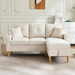 Driezitsbank in L-vorm met chaise longue, opbergvak, geïntegreerde bekerhouders en twee kussens inbegrepen, beige