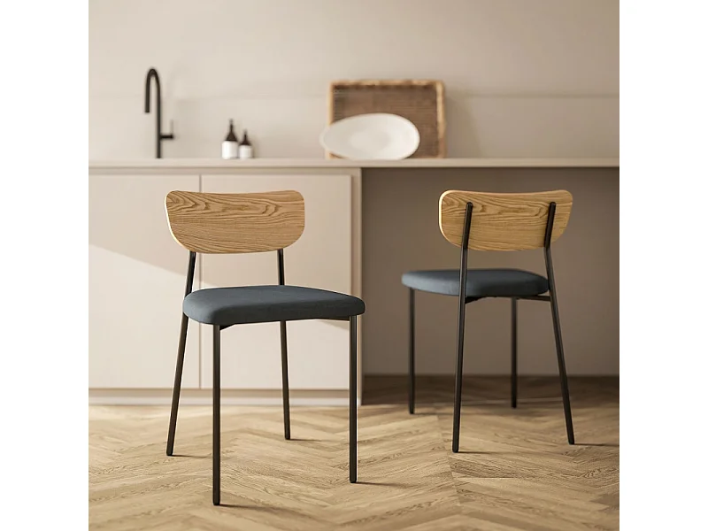 Eetkamerstoelen set van 2, keukenstoel met rugleuning, linnenlook, gestoffeerde stoel met stalen poten, grijs