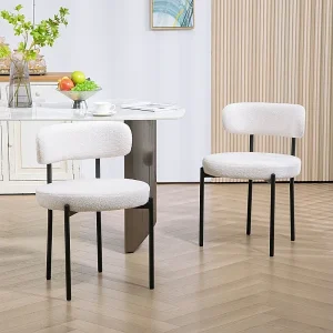 Eetkamerstoelen set van 2, met fleece vulling, gestoffeerde zitting, metalen poten, crèmewit Eetkamerstoelen set van 2, met fleece vulling, gestoffeerde zitting, metalen poten, crèmewit