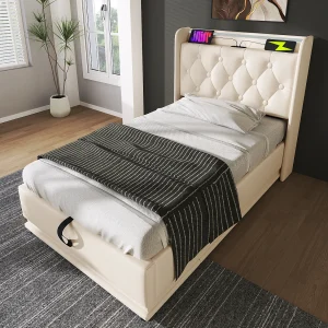 Eenpersoonsbed 90×200 wit PU met 360° LED, gewatteerd hoofdbord, drukknop/app/afstandsbediening, USB Type-C, hydraulisch (zonder matras) Eenpersoonsbed 90×200 wit PU met 360° LED, gewatteerd hoofdbord, drukknop/app/afstandsbediening, USB Type-C, hydraulisch (zonder matras)