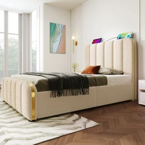 Eenpersoonsbed 90×200 met gewatteerd hoofdbord, gouden decoratieve strepen en USB Type-C oplaadfunctie, hydraulisch opbergbed, beige, linnen (zonder matras) Eenpersoonsbed 90×200 met gewatteerd hoofdbord, gouden decoratieve strepen en USB Type-C oplaadfunctie, hydraulisch opbergbed, beige, linnen (zonder matras)