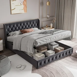 Fluwelen opbergbed – versierd met klinknagels – met lattenbodem – 140x200cm – grijs Fluwelen opbergbed – versierd met klinknagels – met lattenbodem – 140x200cm – grijs