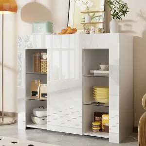 Dressoir met glanzend front – 95 x 35 x 83,5 cm – met glazen planken + deur – spaanplaat – wit