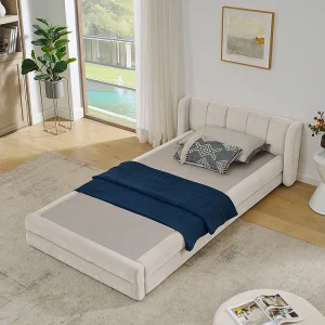 Eenpersoonsbed 90×200 cm, zachte chenille stof, comfortabele rugleuning, beige (zonder matras) (220x105x60 cm) Eenpersoonsbed 90×200 cm, zachte chenille stof, comfortabele rugleuning, beige (zonder matras) (220x105x60 cm)