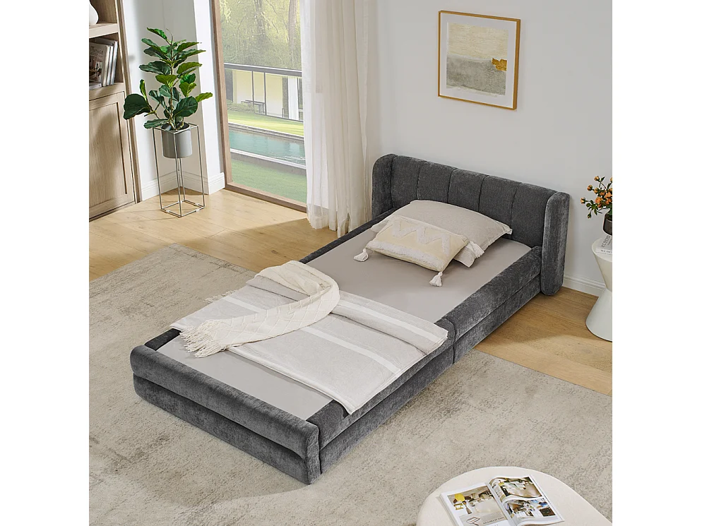 Eenpersoonsbed 90x200 cm, ergonomisch design, zachte chenille, eucalyptus frame, donkergrijs (90x200x60 cm)