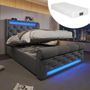 Eenpersoonsbed 90×200 cm met LED-verlichting, hoofdbord met USB en Type-C, hydraulisch opbergbed, grijs, fluweel (220x96x110 cm) Eenpersoonsbed 90×200 cm met LED-verlichting, hoofdbord met USB en Type-C, hydraulisch opbergbed, grijs, fluweel (220x96x110 cm)