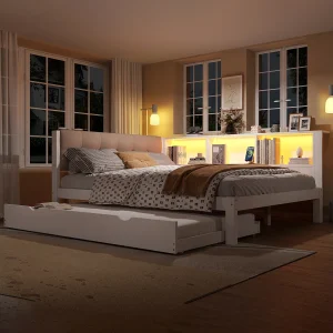 Extra bed 140×200 cm, met opklapbed, dimbare LED, planken, USB, grenenhout, wit (205x165x80,5 cm)