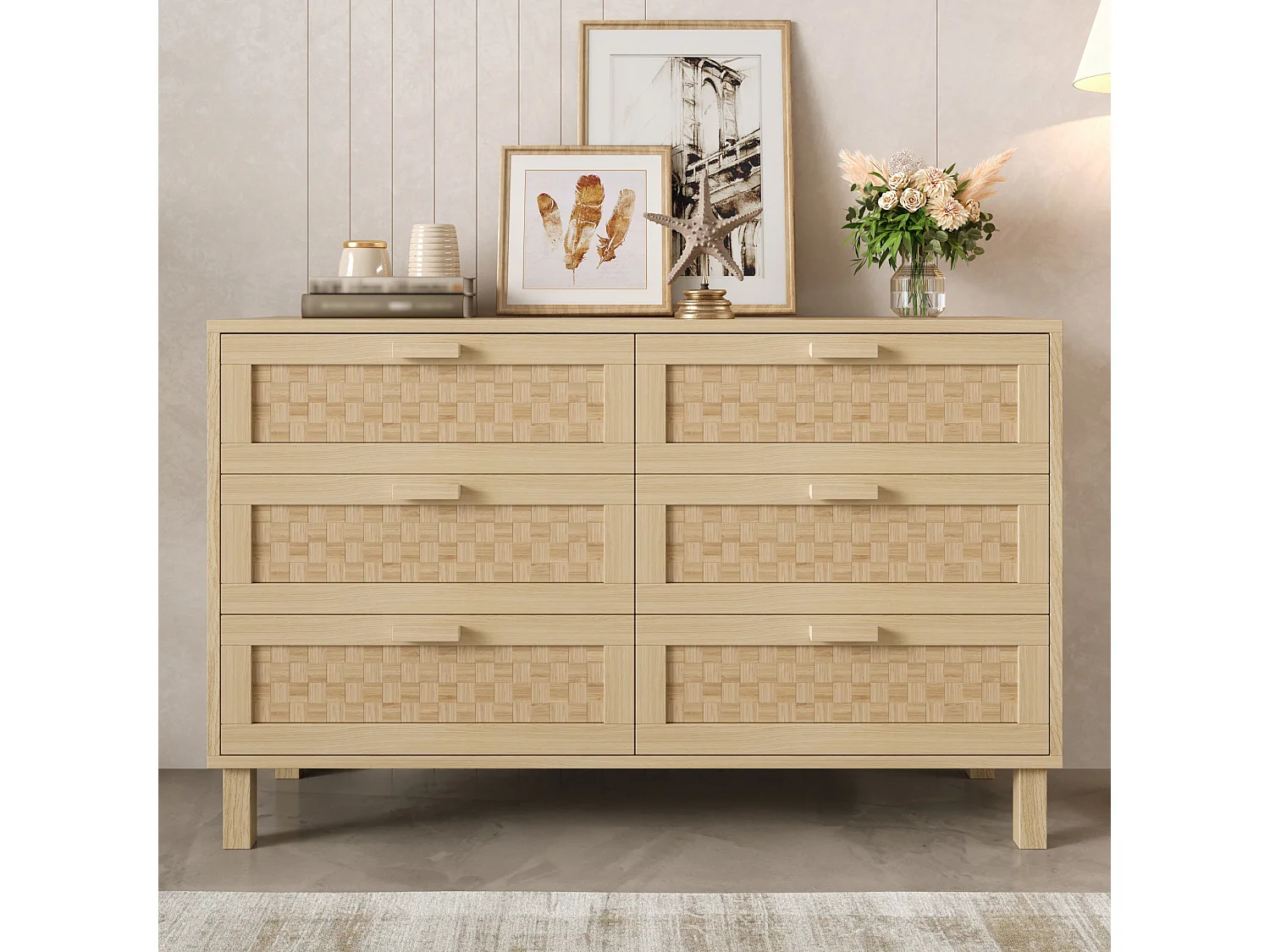 Elegante ladekast en dressoir van natuurlijk hout met 6 lades, modern design, praktische opbergruimte, natuurlijk hout (120x40x75 cm)
