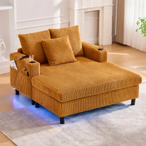 Gele 1-zitsbank – Relaxfauteuil met bekerhouders aan de zijkant en USB-oplaadpoort – LED-sfeerverlichting Gele 1-zitsbank – Relaxfauteuil met bekerhouders aan de zijkant en USB-oplaadpoort – LED-sfeerverlichting