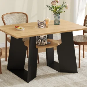 Eettafel 130×85×75 cm – met kattengat – opbergblad – voor 6 personen – zwart en naturel Eettafel 130×85×75 cm – met kattengat – opbergblad – voor 6 personen – zwart en naturel