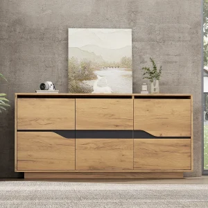 Dressoir voor de woonkamer met 3 deuren en verstelbare planken – Natuurhout en zwart