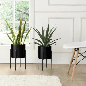 Set van 2 metalen plantenpotten op standaard – D. 25 x H. 39 en D. 23 x H. 35.5 – Goud en zwart – EDMEE