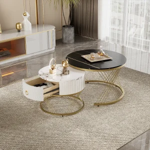 Elegante salontafel set 2-delig, marmerlook, goudaccent, met lades Elegante salontafel set 2-delig, marmerlook, goudaccent, met lades