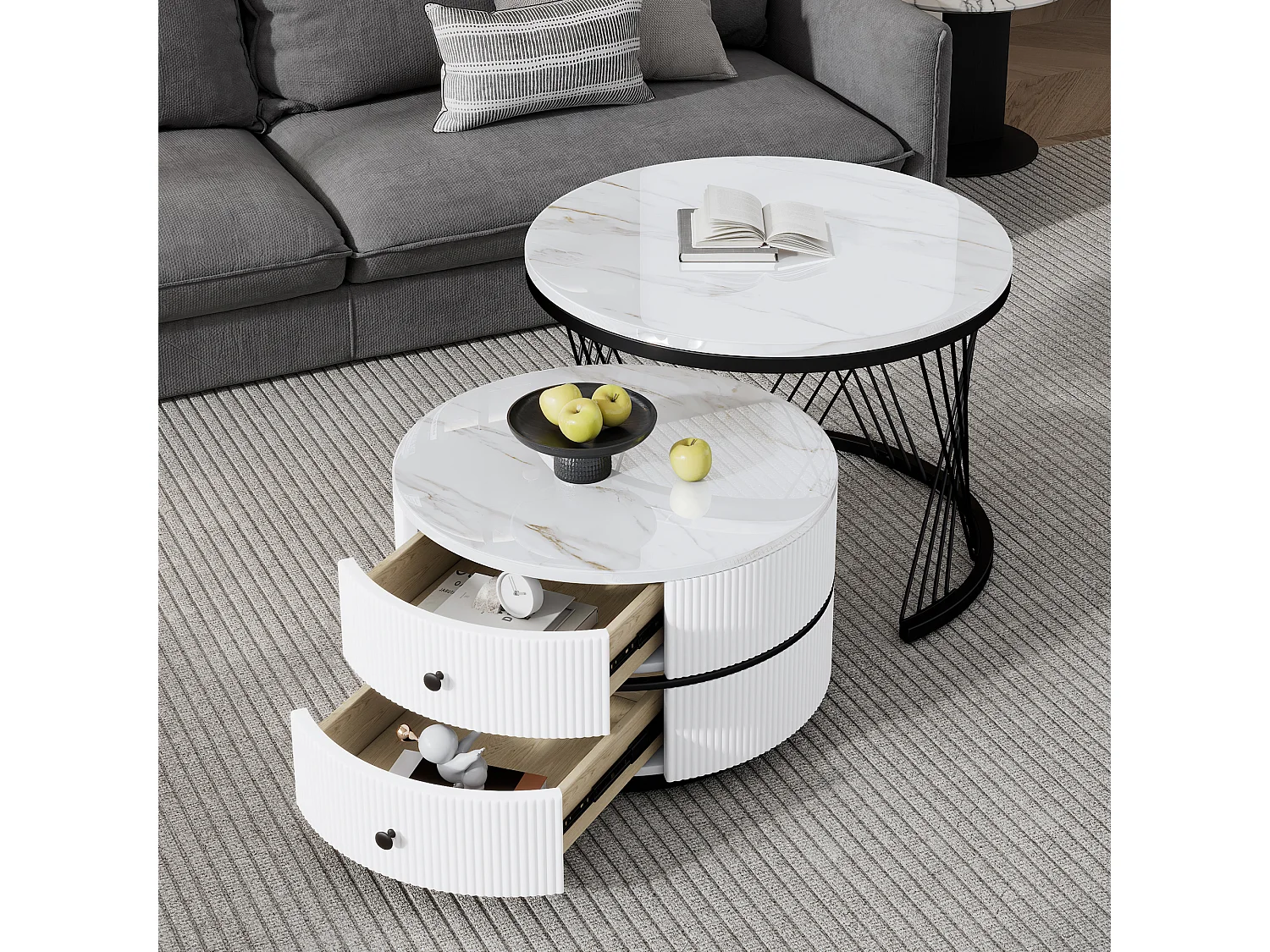 Elegante 2-delige salontafelset in nestvorm, hoogglans marmerlook, 2 lades, belastbaar tot 30 kg