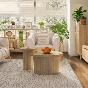 Dubbele ronde salontafel, bijzettafel met latten van natuurlijk hout – multifunctionele woonkamer tafel Dubbele ronde salontafel, bijzettafel met latten van natuurlijk hout – multifunctionele woonkamer tafel